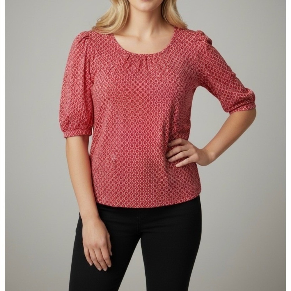 Liz Claiborne XXL cheryRed Geometric Print Puff Sleeve Crew Neck T Shirt Top